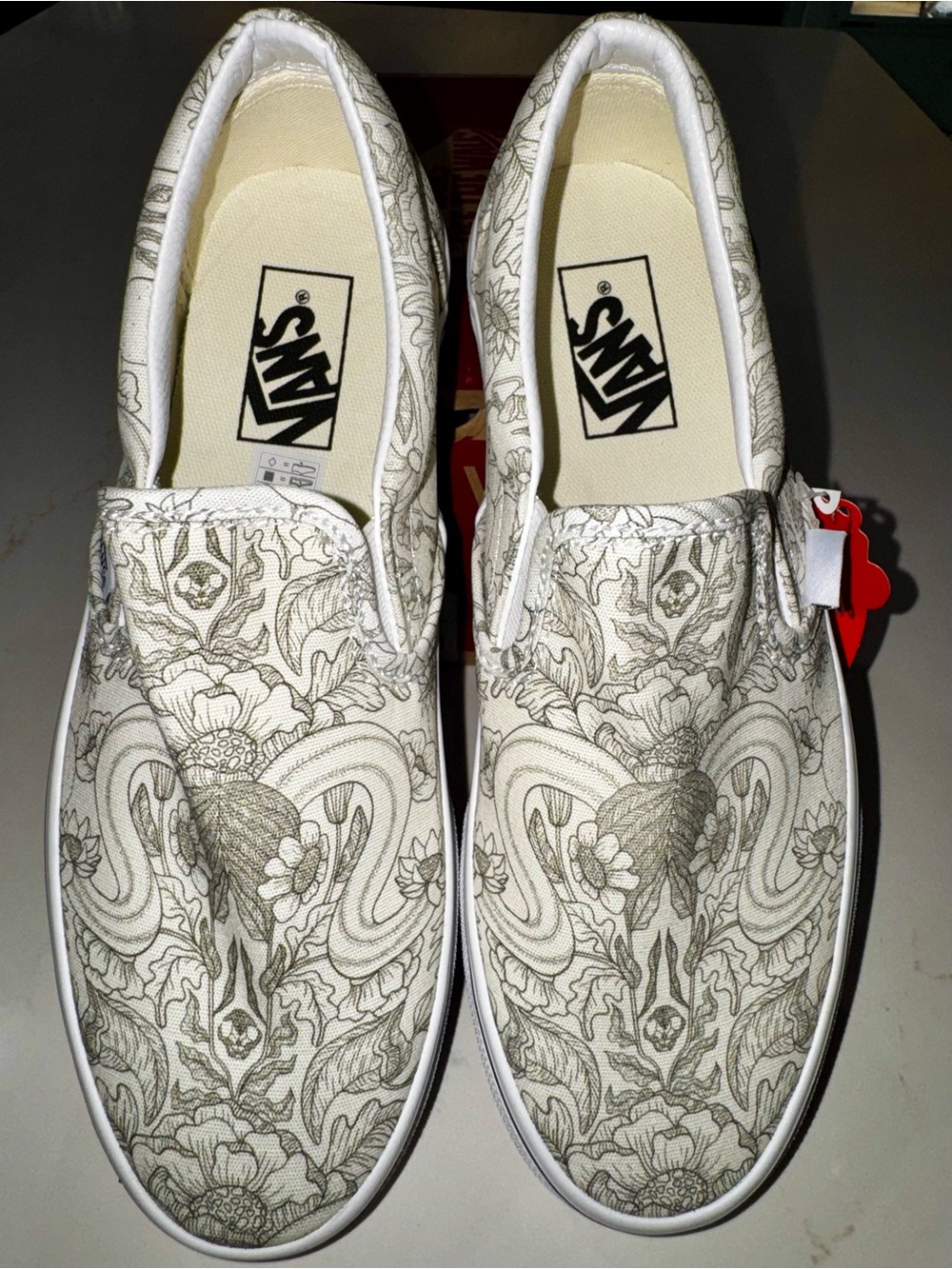 Vans White Slip-On with Gray Floral Line Art